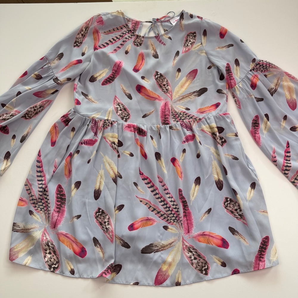 BuddyLove Womens Feather Print Babydoll Tunic Top Blue Pink Bell Sleeve Large